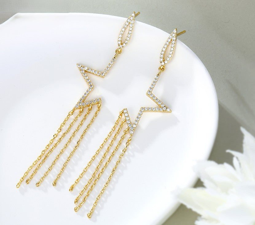 Star Earrings with Chain Fringe and Crystal Accents - 14K Gold Plated image 2