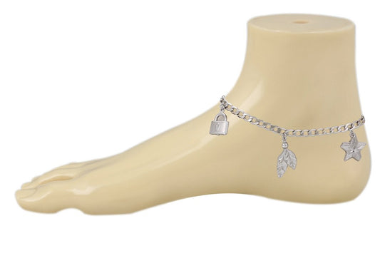 Sterling Silver with Lock, Key, Star, Arrow, and Leaf Charms Anklet image 1