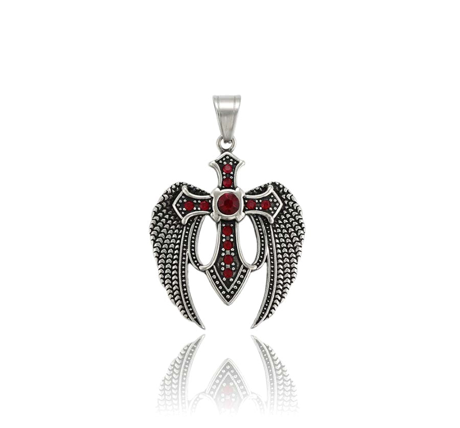 Sterling Silver Angel Wings Cross Pendant with Red Crystals image 0