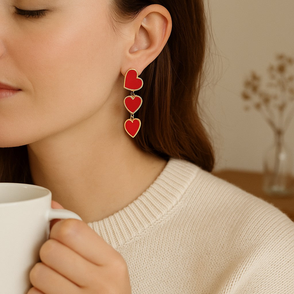 Red Double Heart Drop Earrings image 2