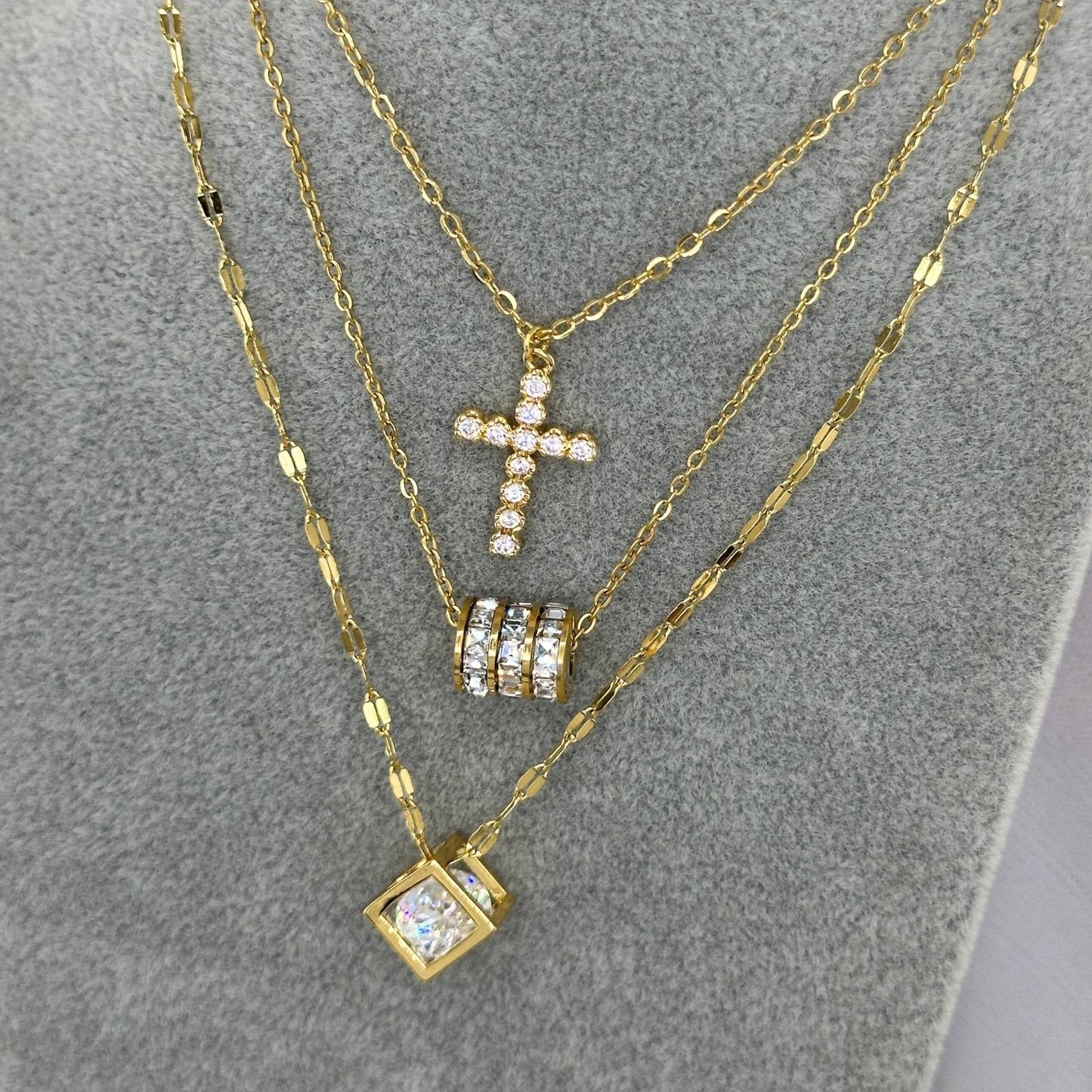 18K Gold Plated Stainless Steel Crystal Cylinder Pendant Necklace image 1