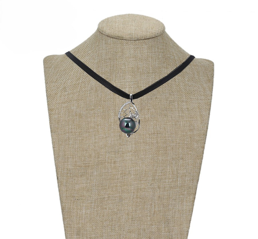 Silver Black Pearl Teardrop Pendant with Leaf and Pave Crystals on Black Cord image 3