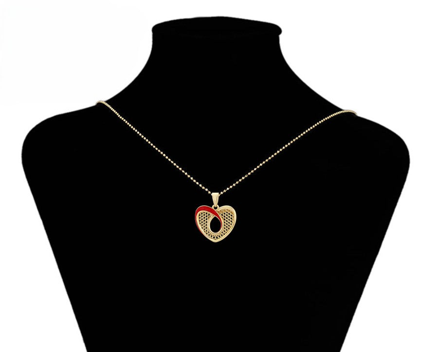 14K Gold Plated Red Enamel Mesh Heart Pendant & Dangle Earrings Set image 4