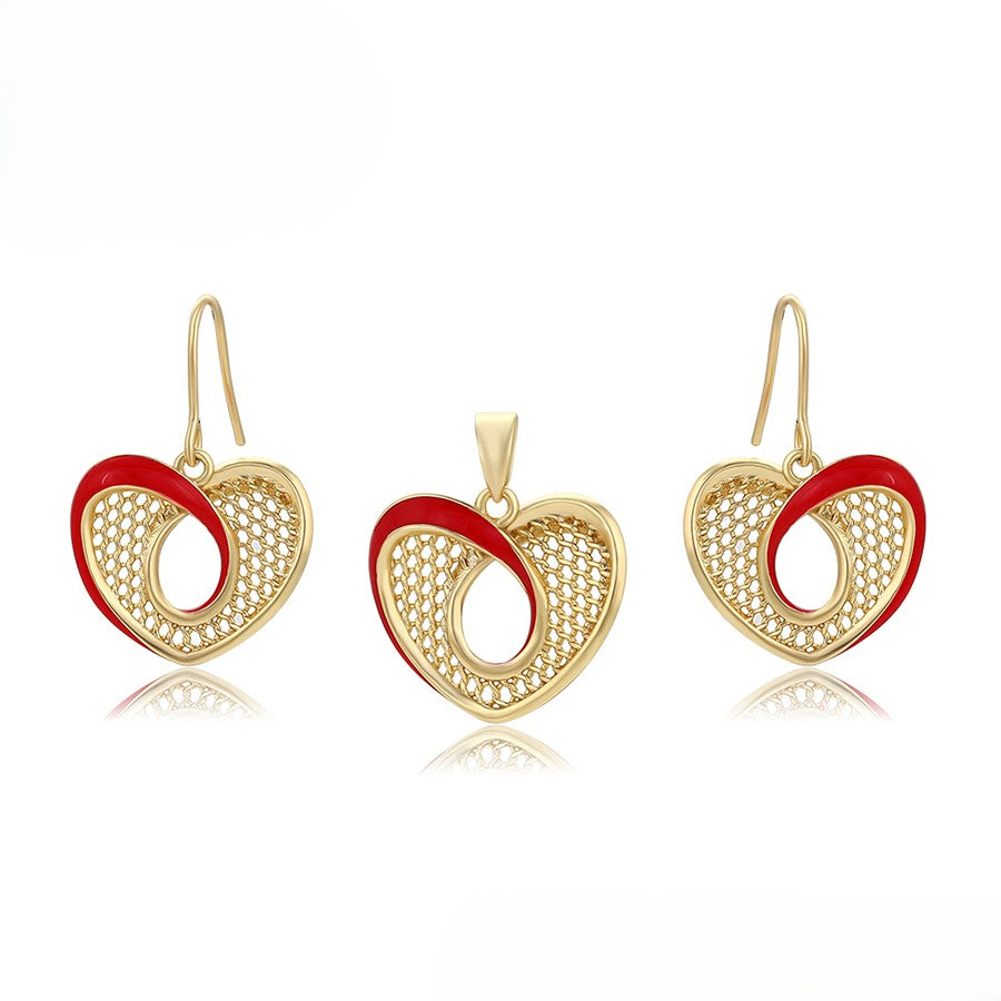 14K Gold Plated Red Enamel Mesh Heart Pendant & Dangle Earrings Set image 2
