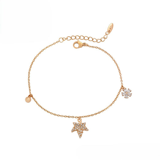 Delicate Gold Chain Bracelet with Leaf and Floral Charms and Sparkling Crystals image 1