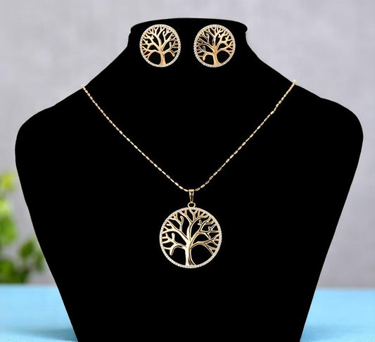 Nature Inspired Gold Tree of Life Round Pendant & Earring Gift Set image 1