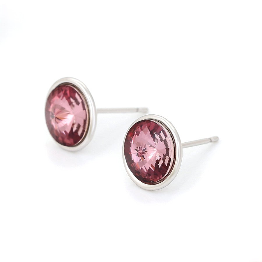 Silver Round Pink Crystal Stud Earrings - Elegant Gem Earrings image 2