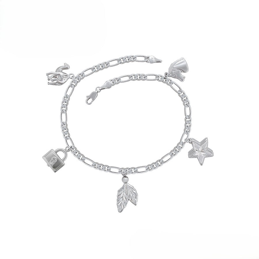 Sterling Silver Plated Figaro Chain Anklet with Leaf, Padlock & Star Charms image 4
