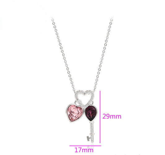 Sweetheart Lock and Pink & Purple Crystal Key Pendant - Platinum Plated image 1
