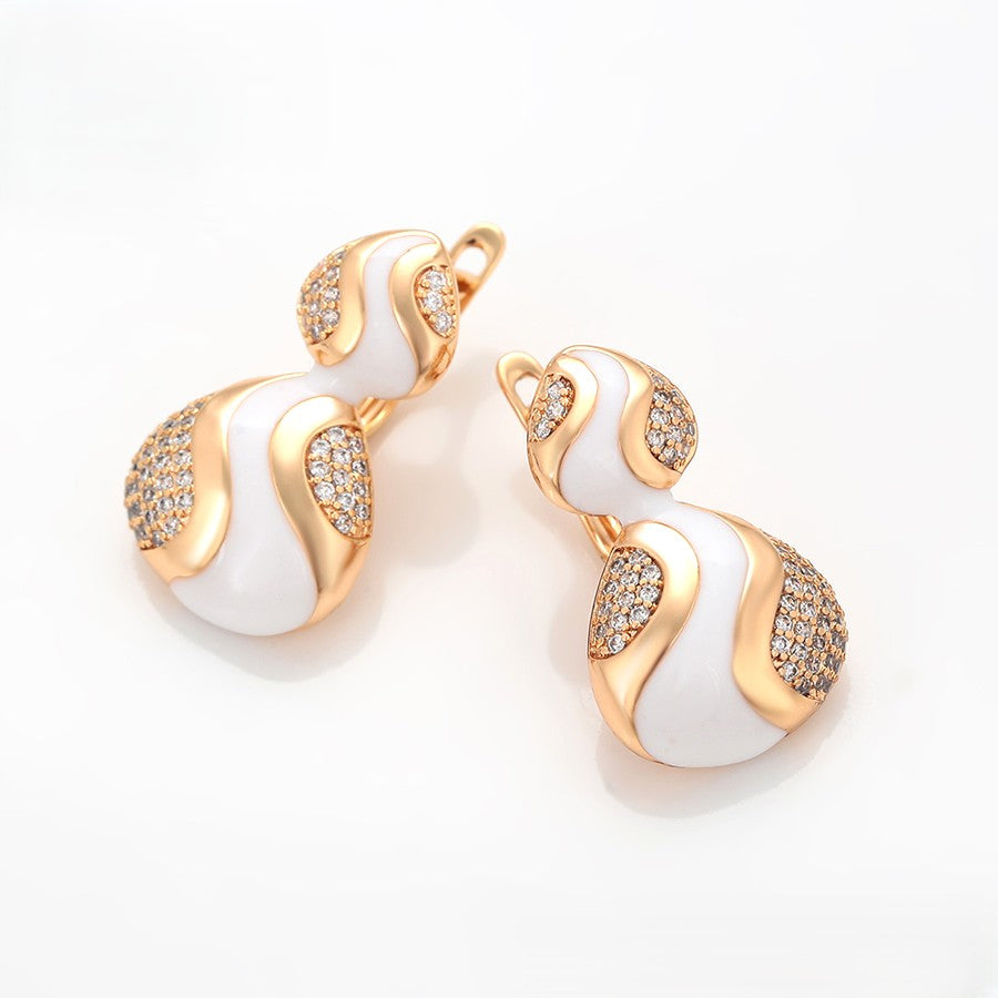 Unique S-Shape Earrings with White Enamel Accents and Crystal Embellishments image 2