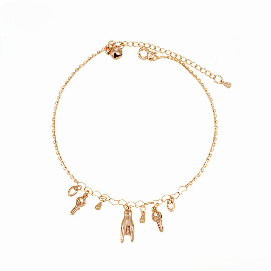 18K Gold Plated Charm Anklet with Hand, Key, Horseshoe, and Wishbone Charms image 2