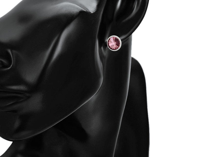 Silver Round Pink Crystal Stud Earrings - Elegant Gem Earrings image 1