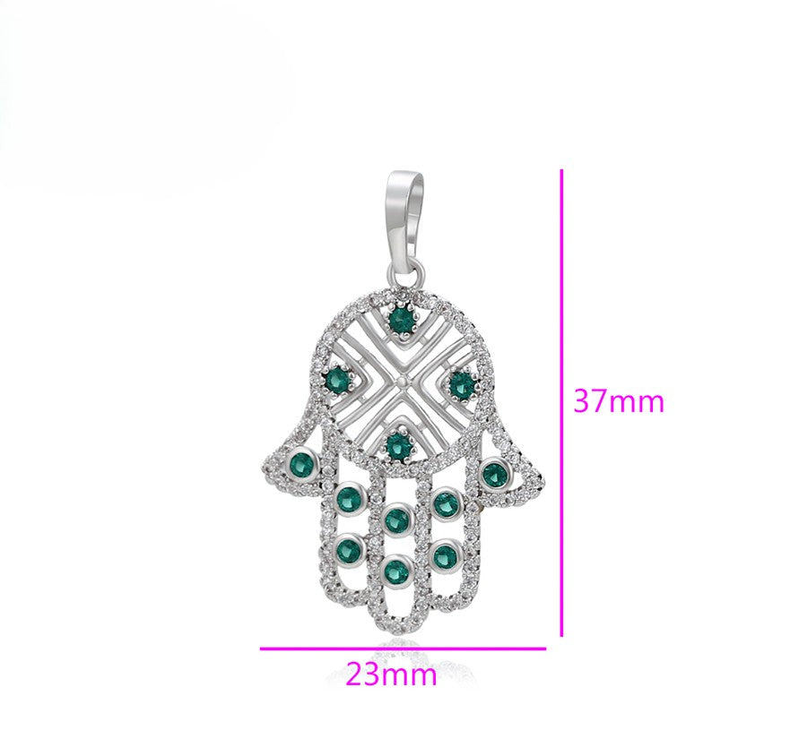 Sterling Silver Hamas Hand Pendant with Green & Clear Crystals image 3