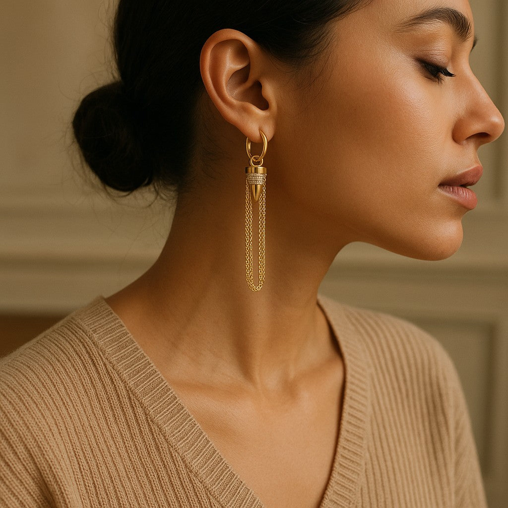 14K Gold Plated Bullet Spike Chain Dangle Hoop Earrings image 2