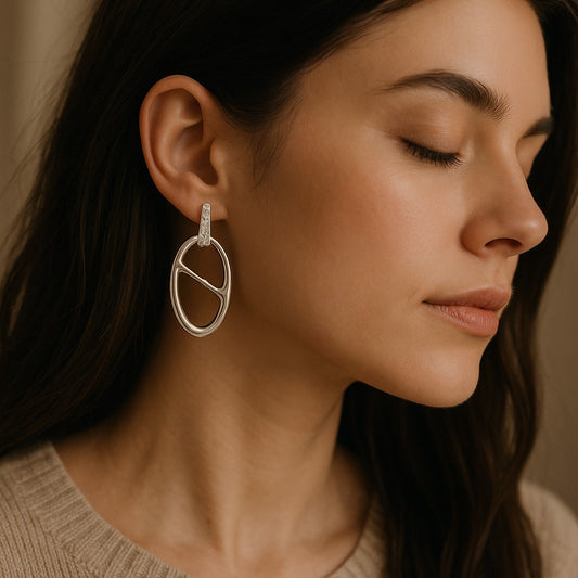 Silver Open Oval Dangle Earrings with Crystal Pave Stud image 1