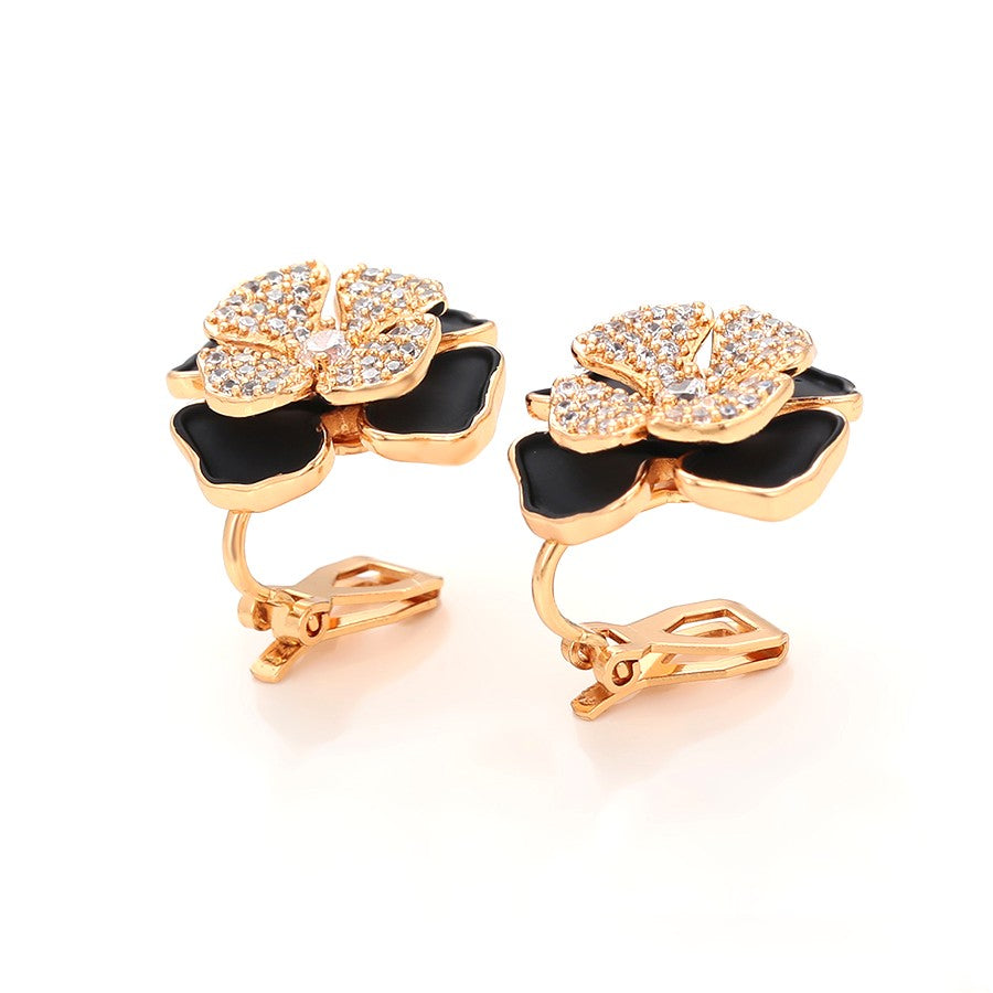 Gold Plated Black Enamel Flower Earrings with Crystal Pave image 4