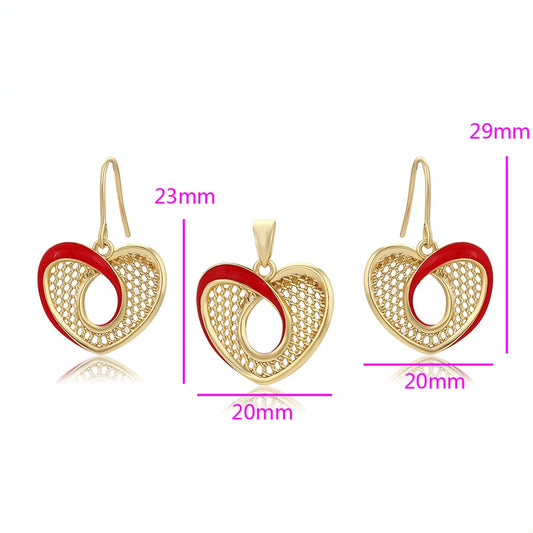 14K Gold Plated Red Enamel Mesh Heart Pendant & Dangle Earrings Set image 1