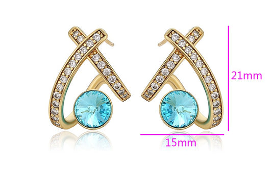14K Gold Plated X-Shape Stud Earrings in Gold Finish with Coral Blue Stones image 1