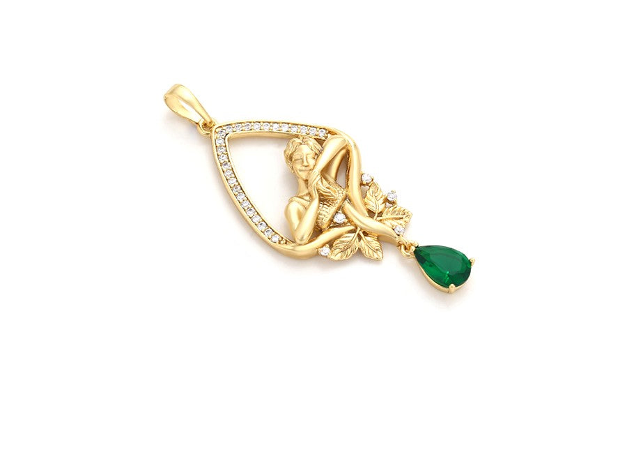 14K gold Plated- Elegant Lady in Leaf Frame with Green Gem Pendant image 3