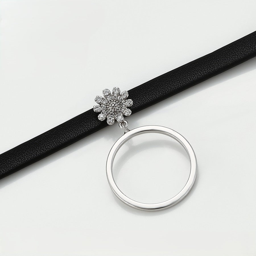 Black Choker Necklace with Crystal Flower & Ring Charm image 3
