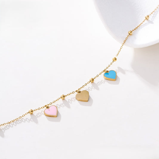 14K Gold Plated Bead Chain Anklet with Pink, Blue & Gold Enamel Heart Charms image 1