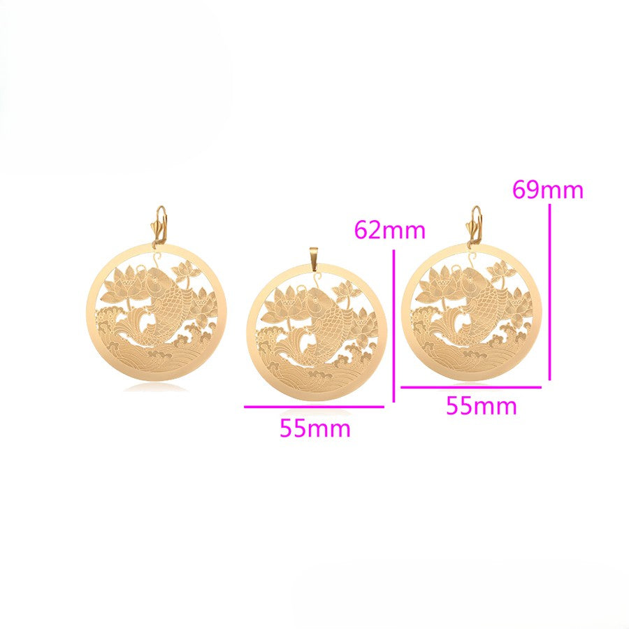 18K Gold Plated Round Koi Fish & Lotus Flower Pendant & Lever back Earrings Set image 3