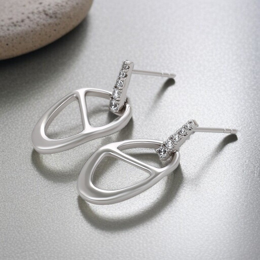 Silver Open Oval Dangle Earrings with Crystal Pave Stud image 0
