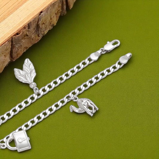 Sterling Silver Plated Charm Anklet with Star, Key, Lock, Leaf & Bird/Horse Char image 1