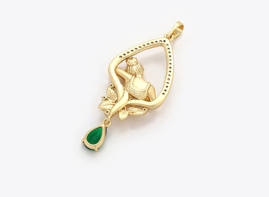 14K gold Plated- Elegant Lady in Leaf Frame with Green Gem Pendant image 4
