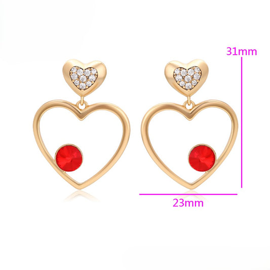 Gold Plated Heart Drop Earrings with Red and Clear Crystals image 1