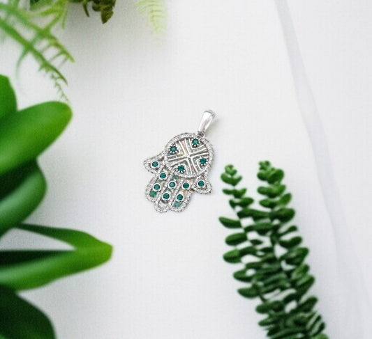 Sterling Silver Hamas Hand Pendant with Green & Clear Crystals image 1