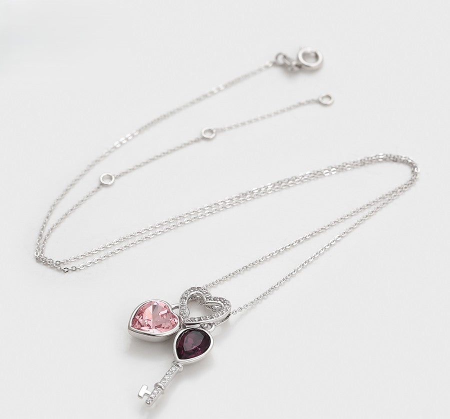Sweetheart Lock and Pink & Purple Crystal Key Pendant - Platinum Plated image 3