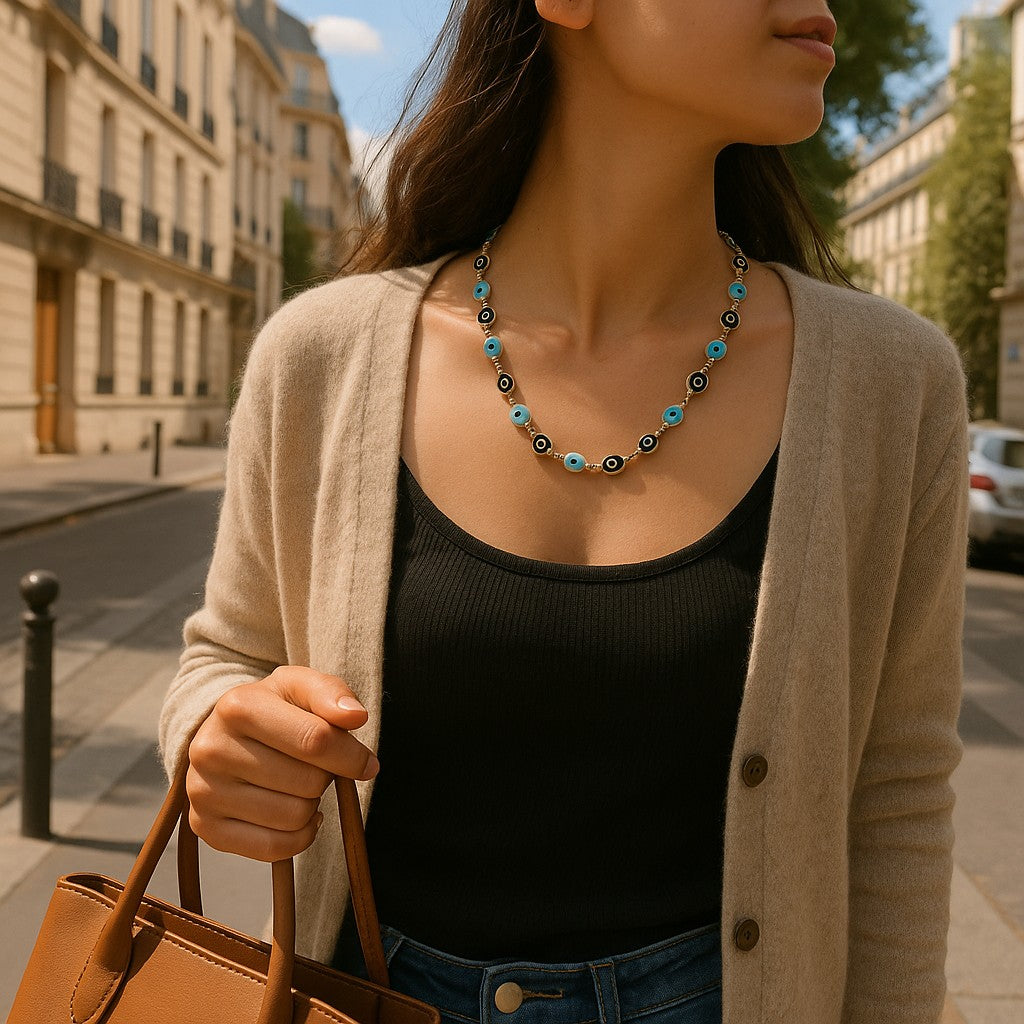 Bohemian Gold Necklace with Multiple Blue Evil Eyes image 3