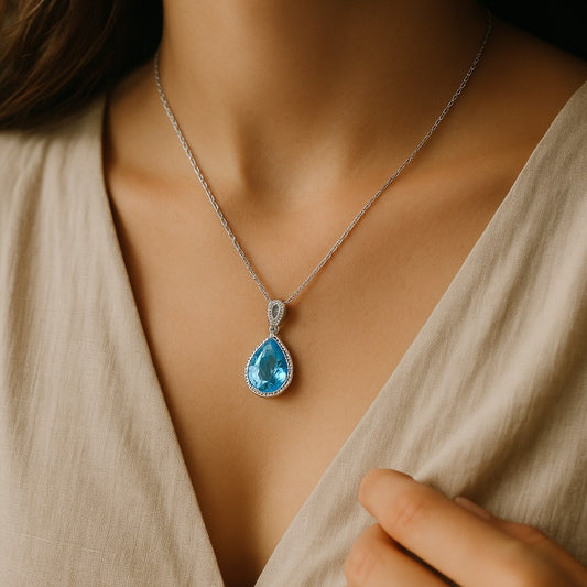Platinum Plated Blue Crystal Teardrop Pendant Necklace image 1