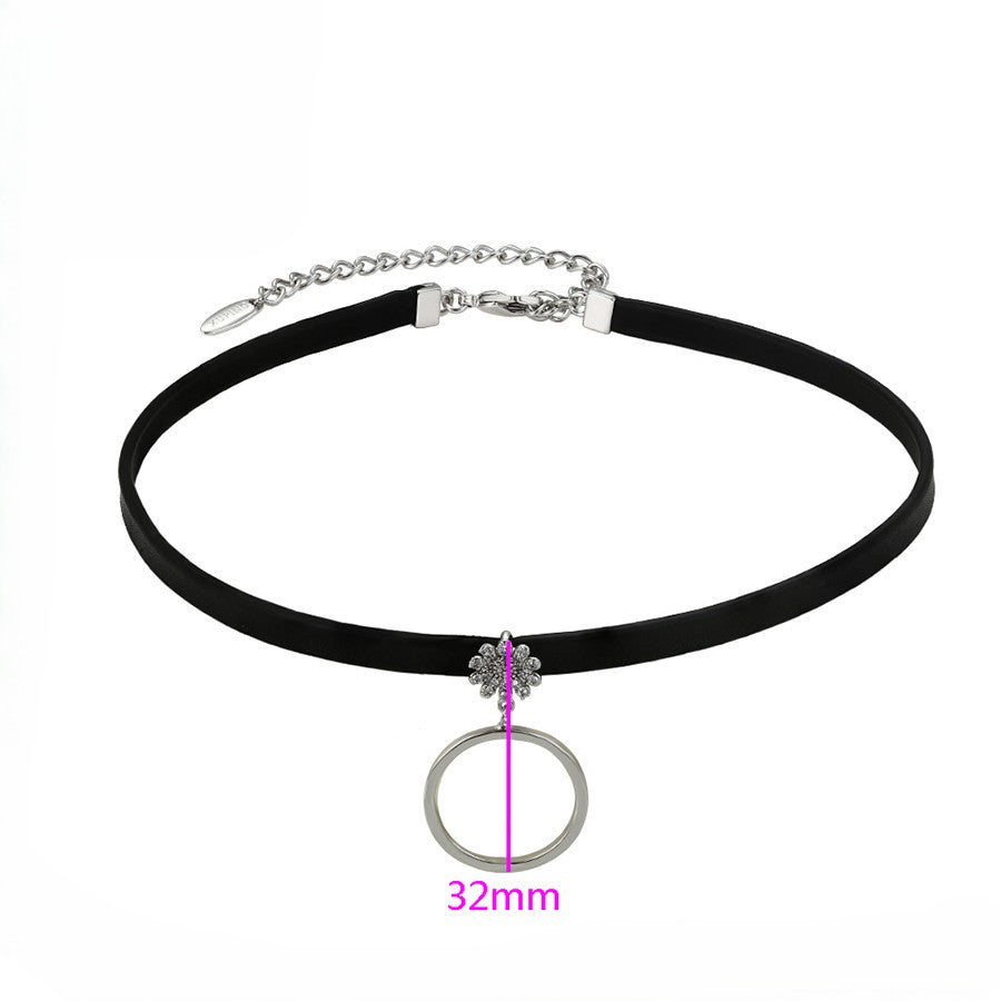Black Choker Necklace with Crystal Flower & Ring Charm image 2