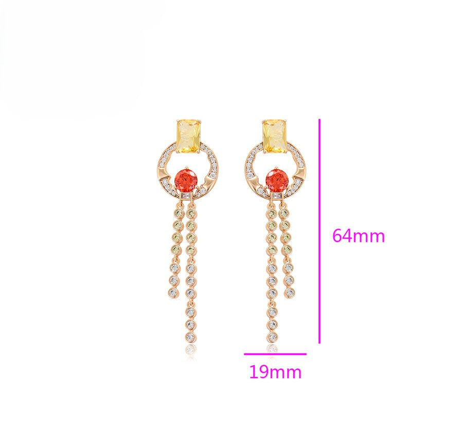 Unique Rose Gold Tassel Earrings with Yellow & Red Crystals image 2