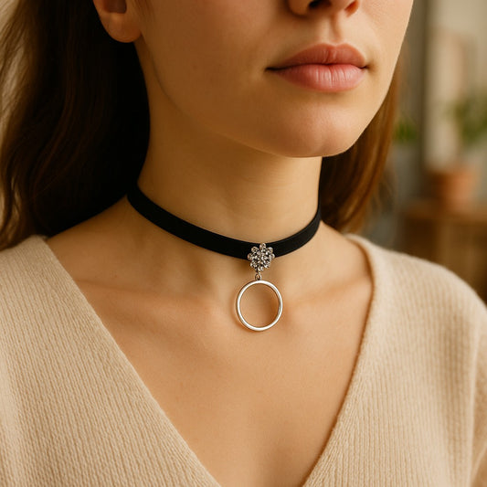 Black Choker Necklace with Crystal Flower & Ring Charm image 1