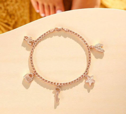 Rose Gold Charm with Lock, Key, Star, Arrow, and Leaf Anklets image 1