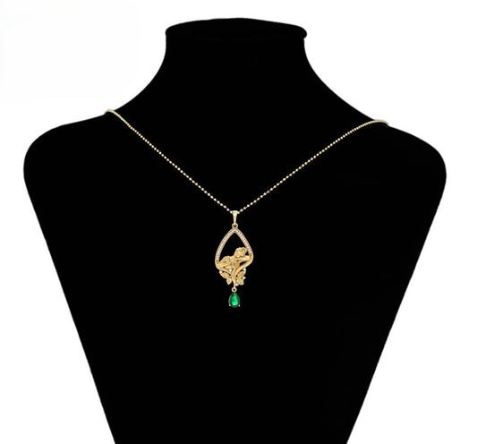 14K gold Plated- Elegant Lady in Leaf Frame with Green Gem Pendant image 1