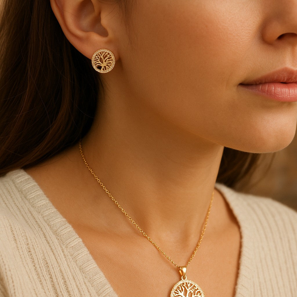 Nature Inspired Gold Tree of Life Round Pendant & Earring Gift Set image 2