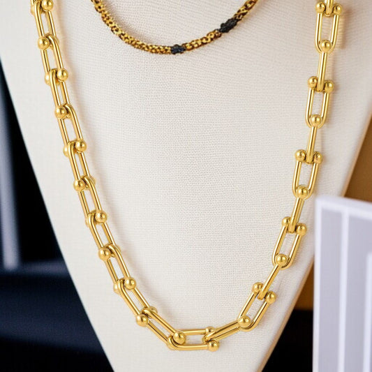 18K Gold Plated Stainless Steel U-Link Necklace with Ball Details