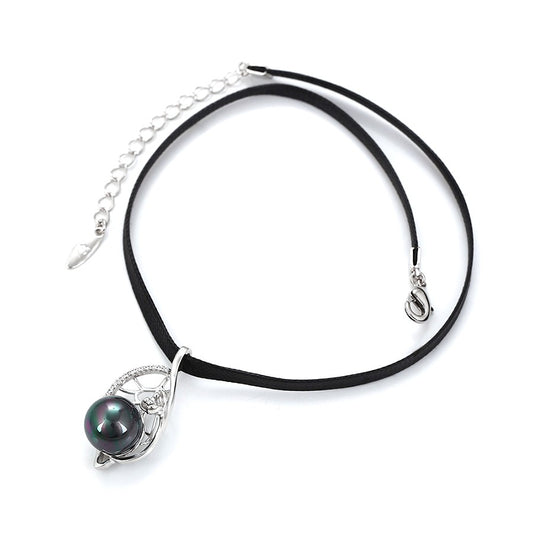 Silver Black Pearl Teardrop Pendant with Leaf and Pave Crystals on Black Cord image 1