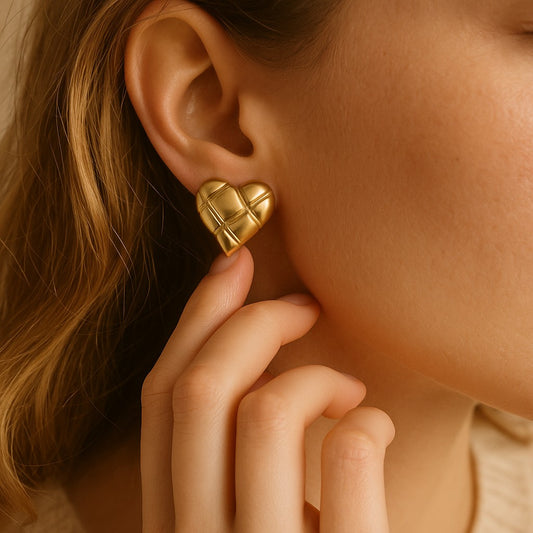 18K Elegant Gold Plated - Quilted Puffy Heart Earrings image 1