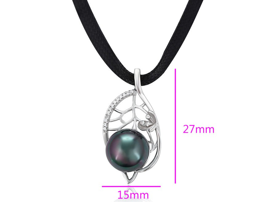 Silver Black Pearl Teardrop Pendant with Leaf and Pave Crystals on Black Cord image 2