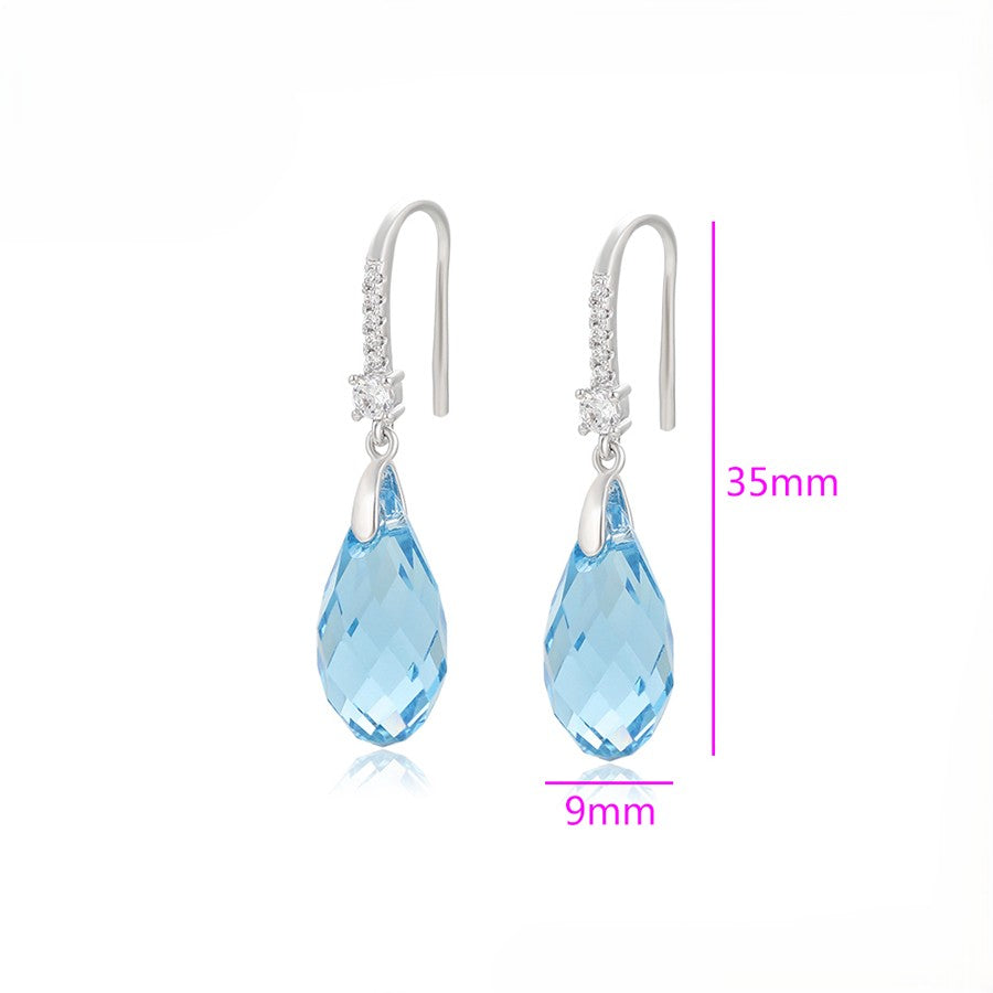 Aquamarine crystal teardrop dangle earrings, platinum plated