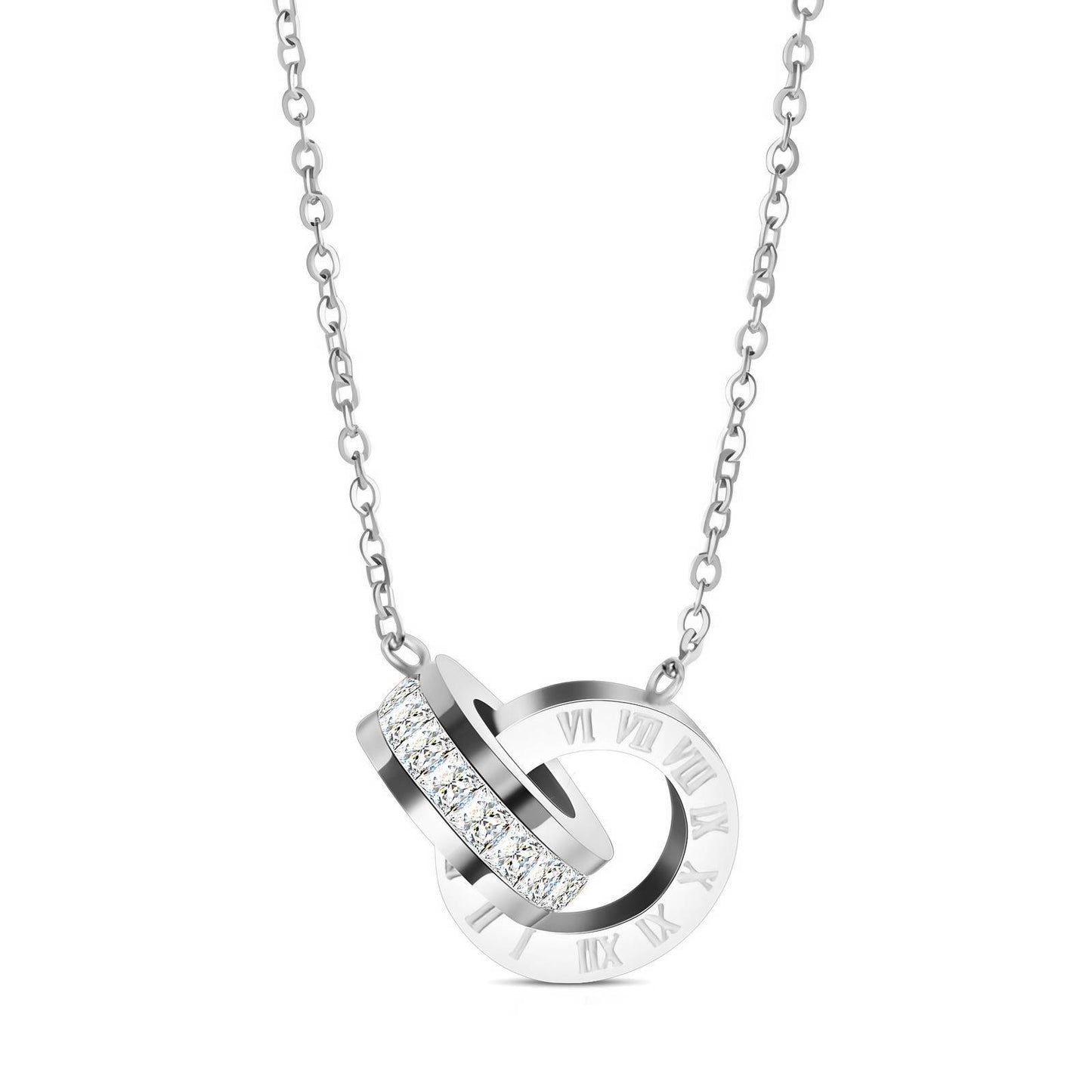 Stainless Steel Interlocking Circle Roman Numeral Crystal Necklace image 0
