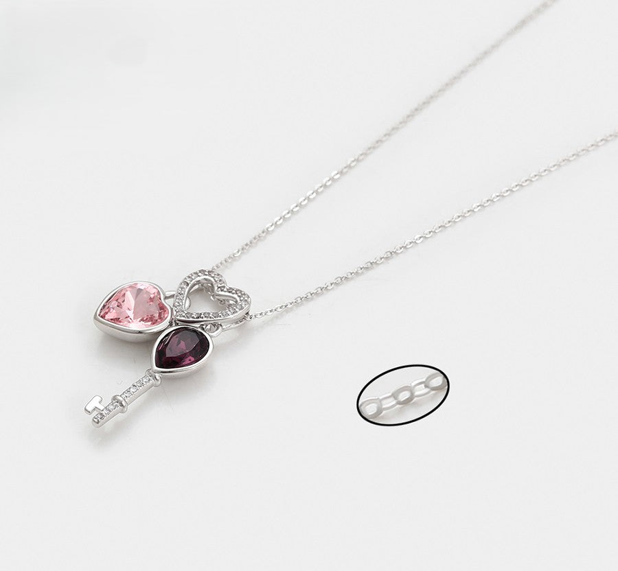 Sweetheart Lock and Pink & Purple Crystal Key Pendant - Platinum Plated image 2