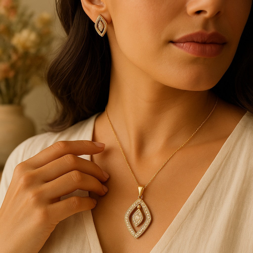 14K Gold Plated Geometric Rhombus Pendant & Drop Earrings Set image 2