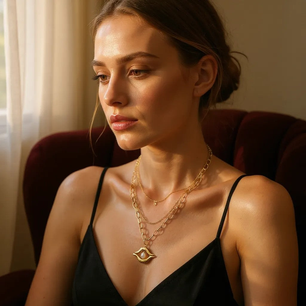 14K Gold Plated Elegant Gold Layered Necklace with Pearl Charm Pendant