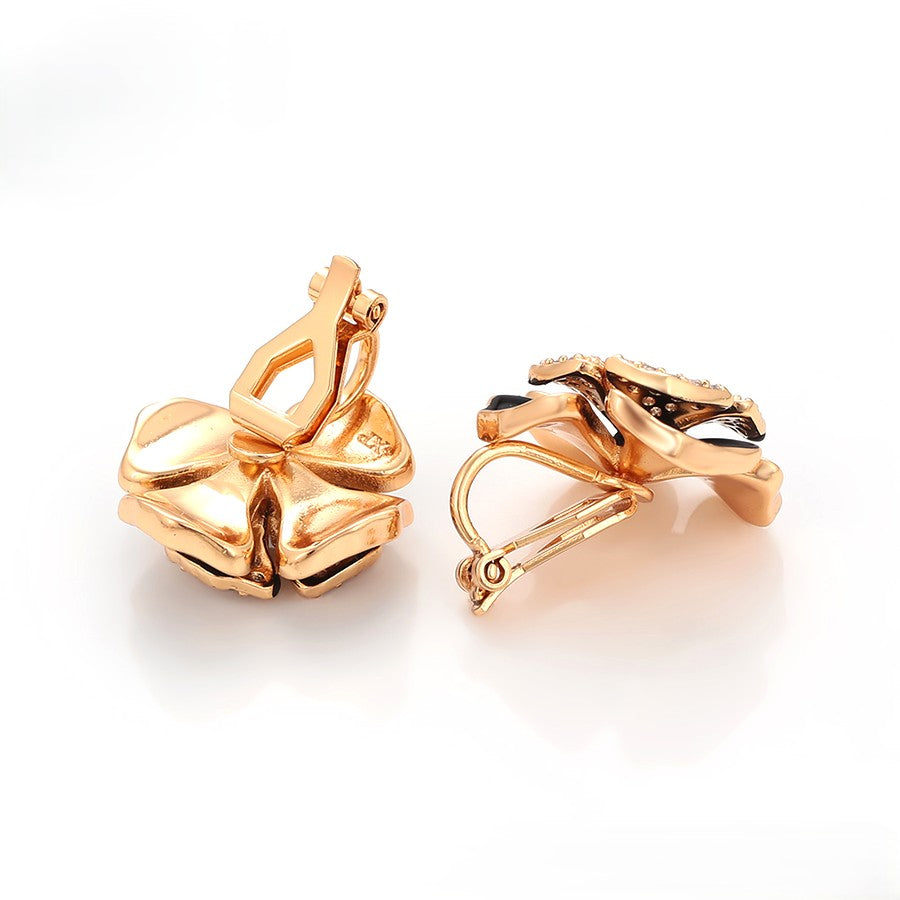 Gold Plated Black Enamel Flower Earrings with Crystal Pave image 5